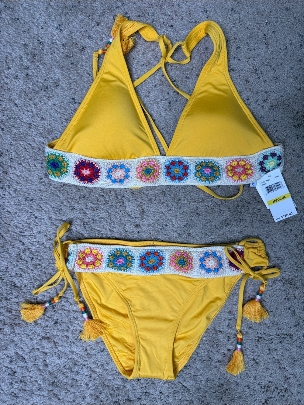 NWT Isabella Rose Yellow Crochet-Trim Boho Women's Bikini Set M